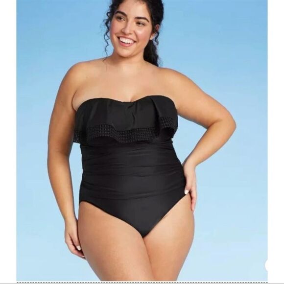 Kona Sol Black Women's Crochet Flounce High Coverage One Piece Swimsuit - Picture 3 of 7